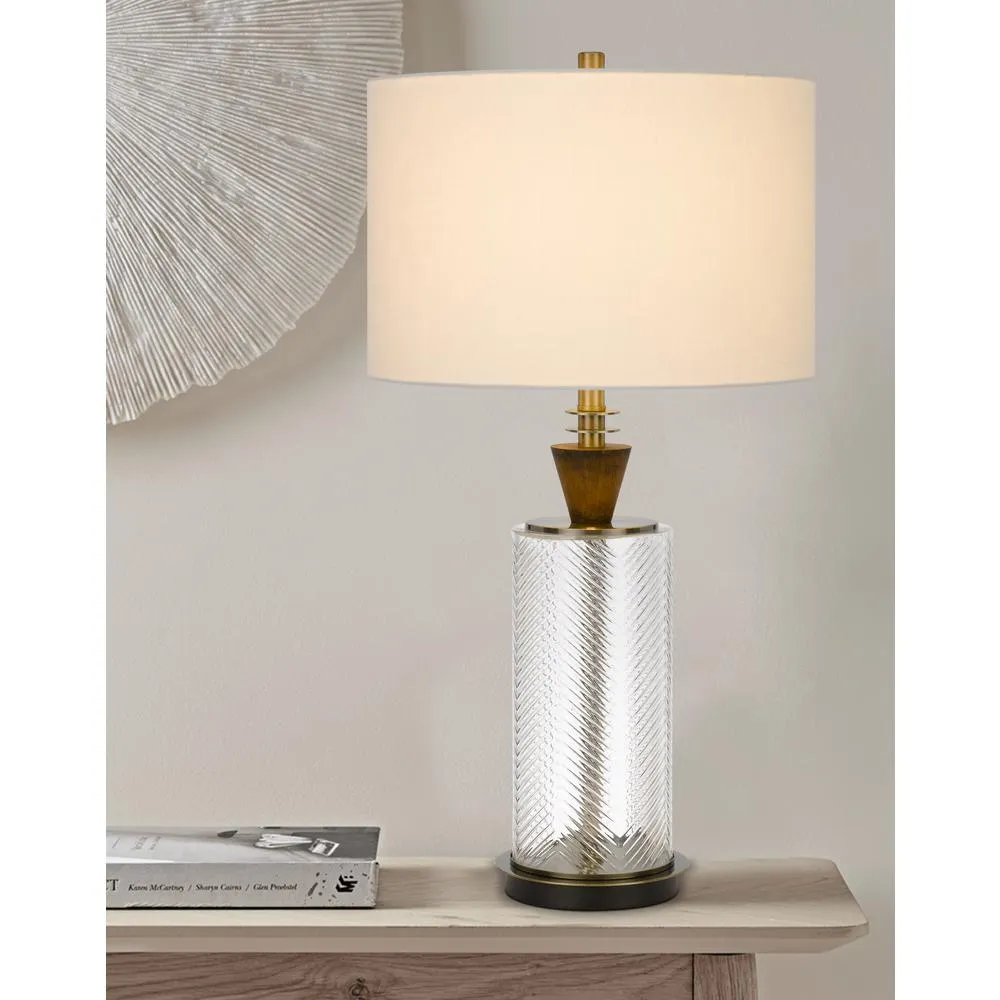 150W 3 Way Sherwood Glass Table Lamp With Wood Font And Hardback Fabric Drum Shade, Glass/Dark Bronze By Cal Lighting