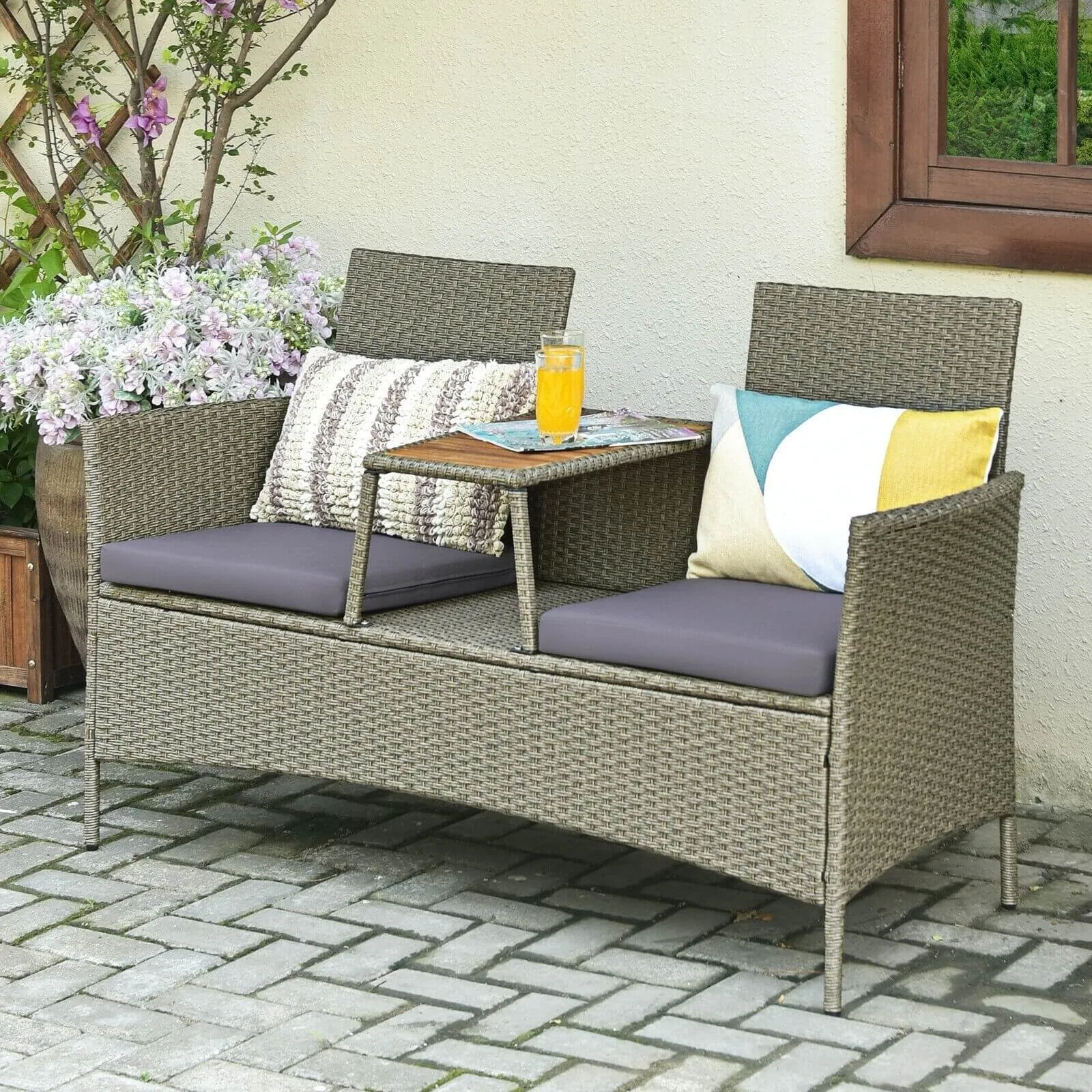 2-Person Patio Rattan Conversation Furniture Set with Coffee Table - Blue