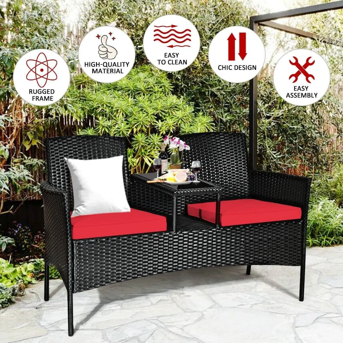 2-Person Wicker Rattan Patio Conversation Furniture Set - Red