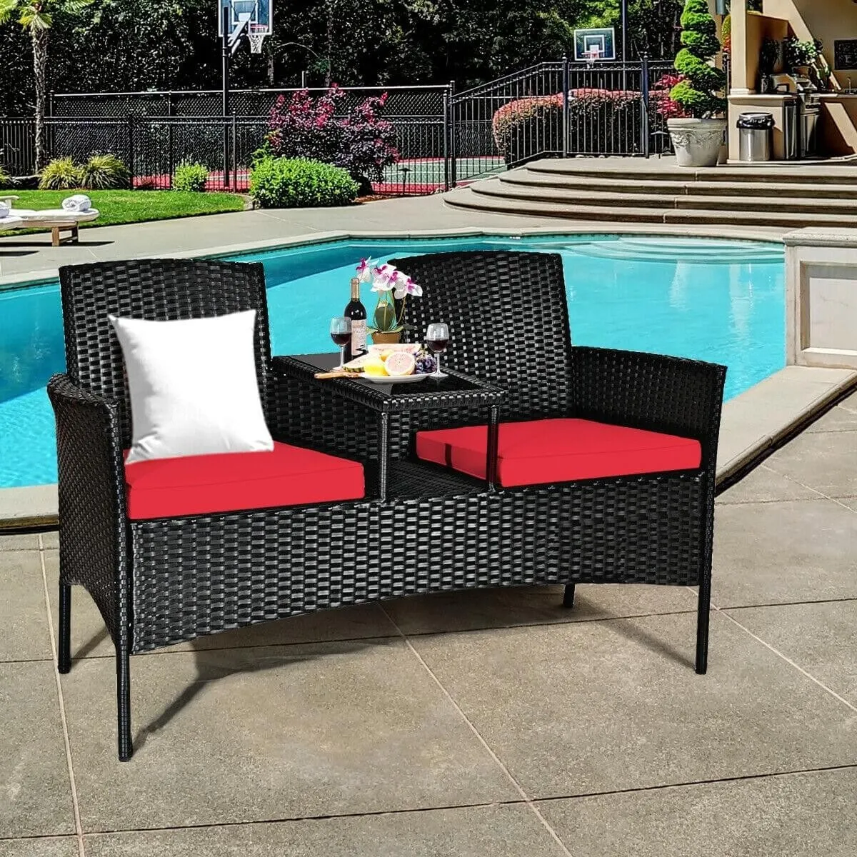 2-Person Wicker Rattan Patio Conversation Furniture Set - Red