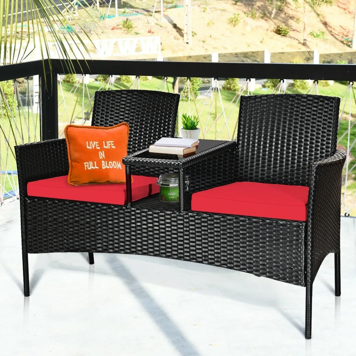 2-Person Wicker Rattan Patio Conversation Furniture Set - Red