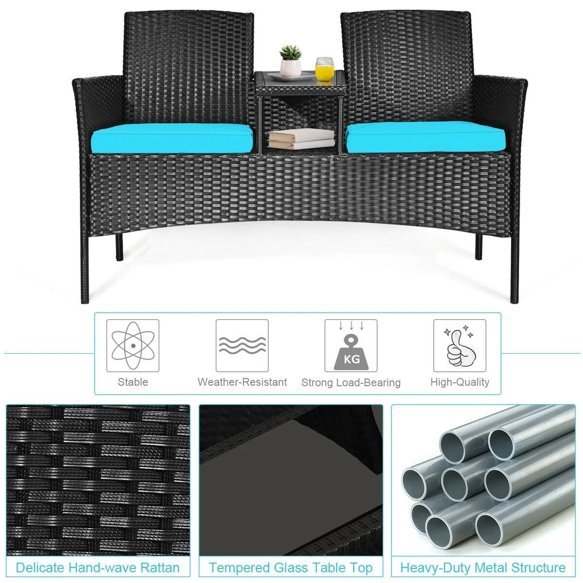 2-Person Wicker Rattan Patio Conversation Furniture Set - Turquoise