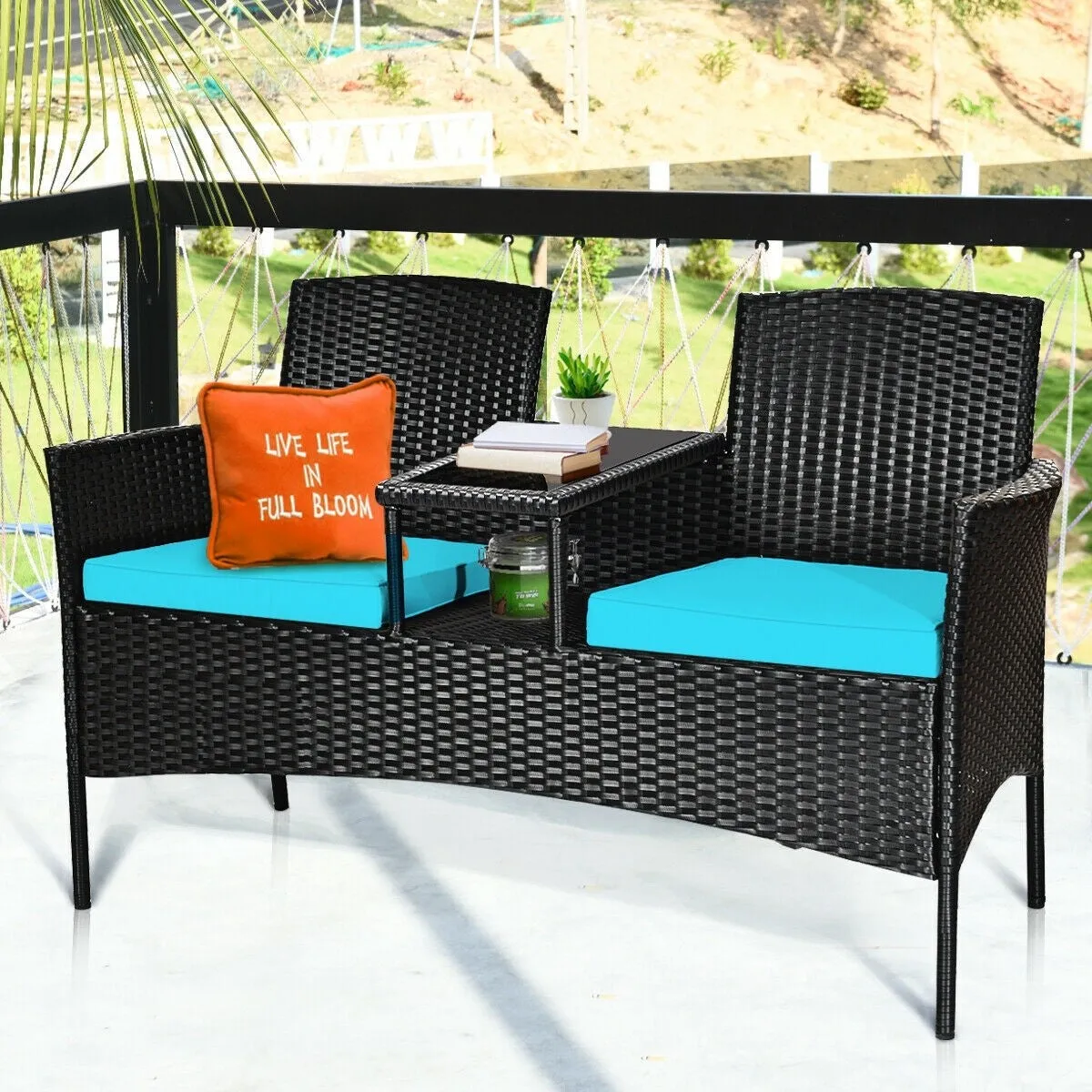 2-Person Wicker Rattan Patio Conversation Furniture Set - Turquoise