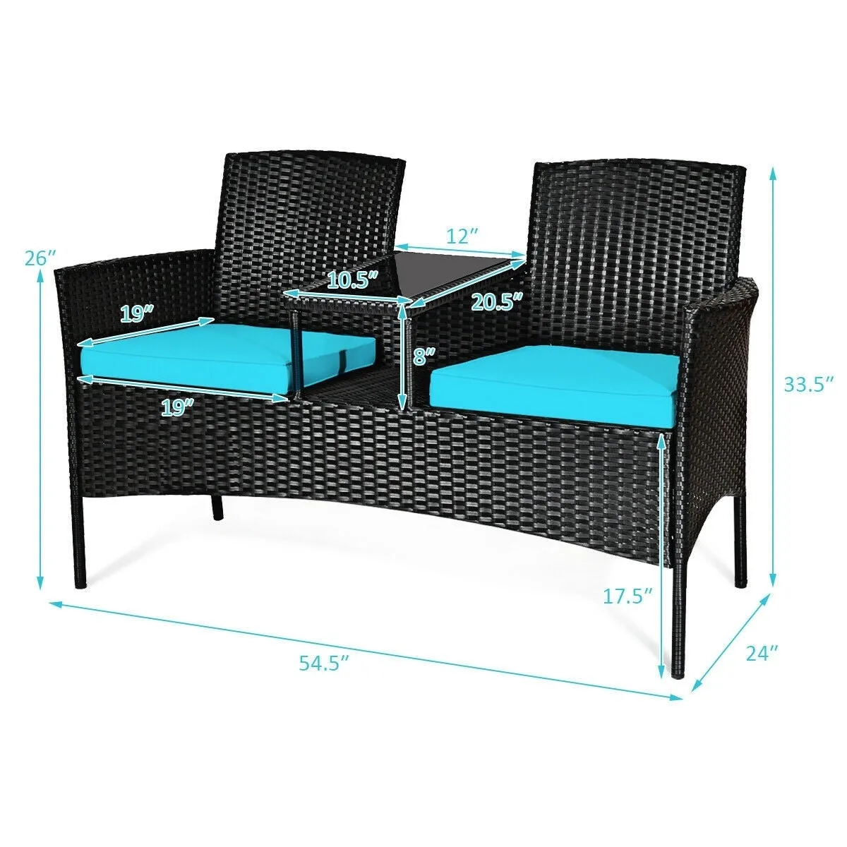 2-Person Wicker Rattan Patio Conversation Furniture Set - Turquoise