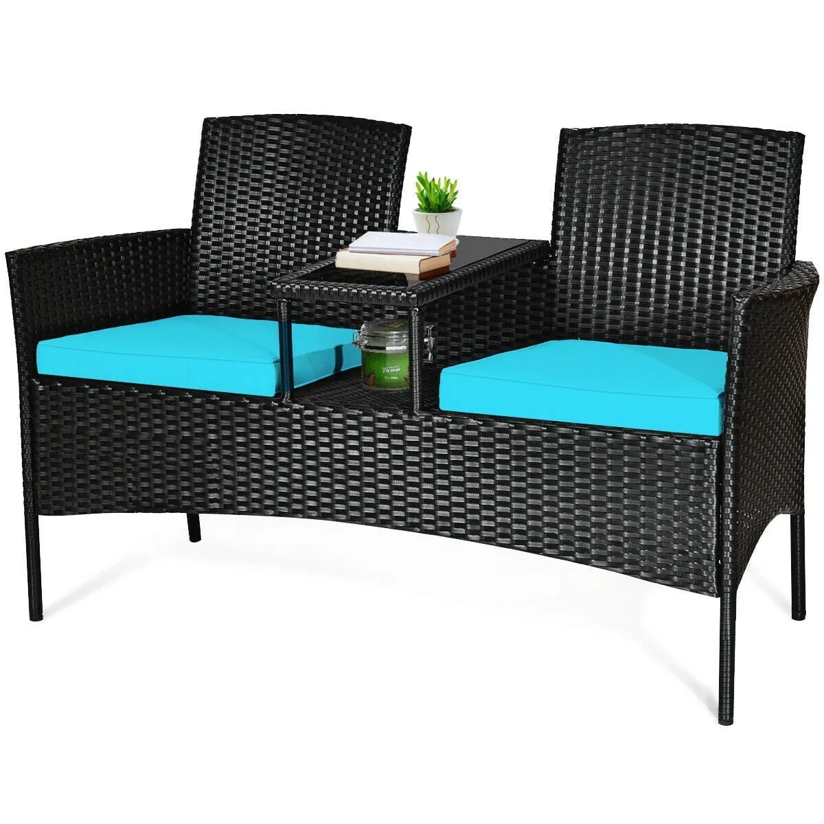 2-Person Wicker Rattan Patio Conversation Furniture Set - Turquoise