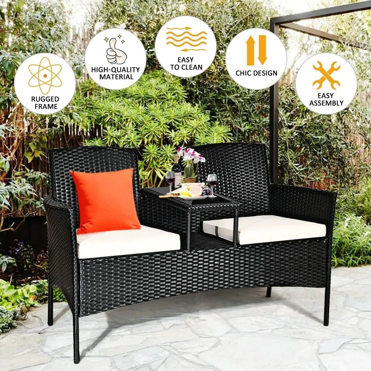 2-Person Wicker Rattan Patio Conversation Furniture Set - White