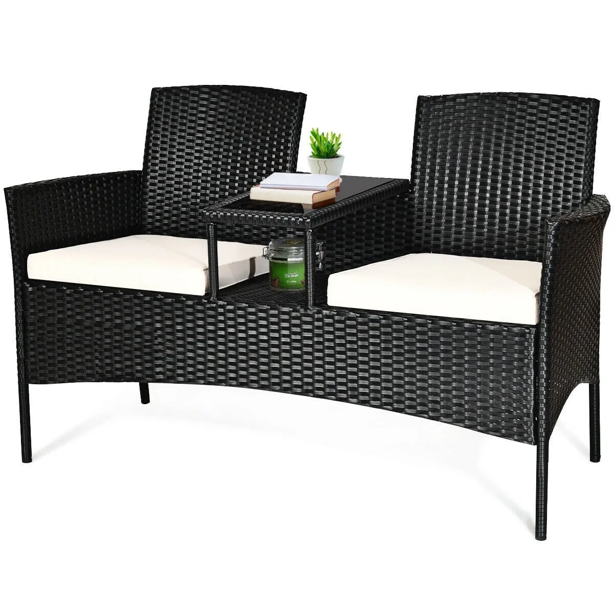 2-Person Wicker Rattan Patio Conversation Furniture Set - White