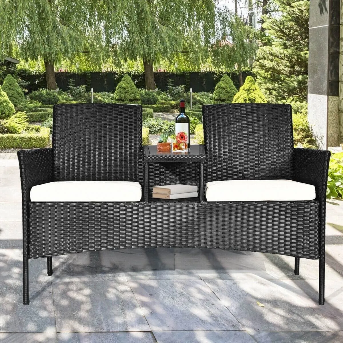 2-Person Wicker Rattan Patio Conversation Furniture Set - White