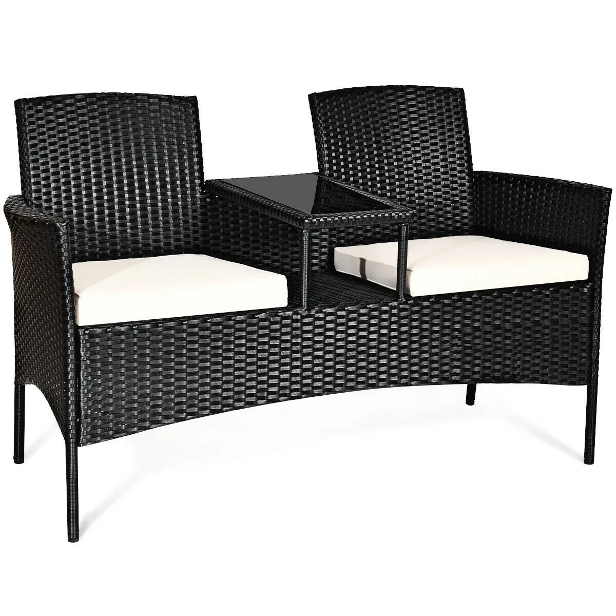 2-Person Wicker Rattan Patio Conversation Furniture Set - White