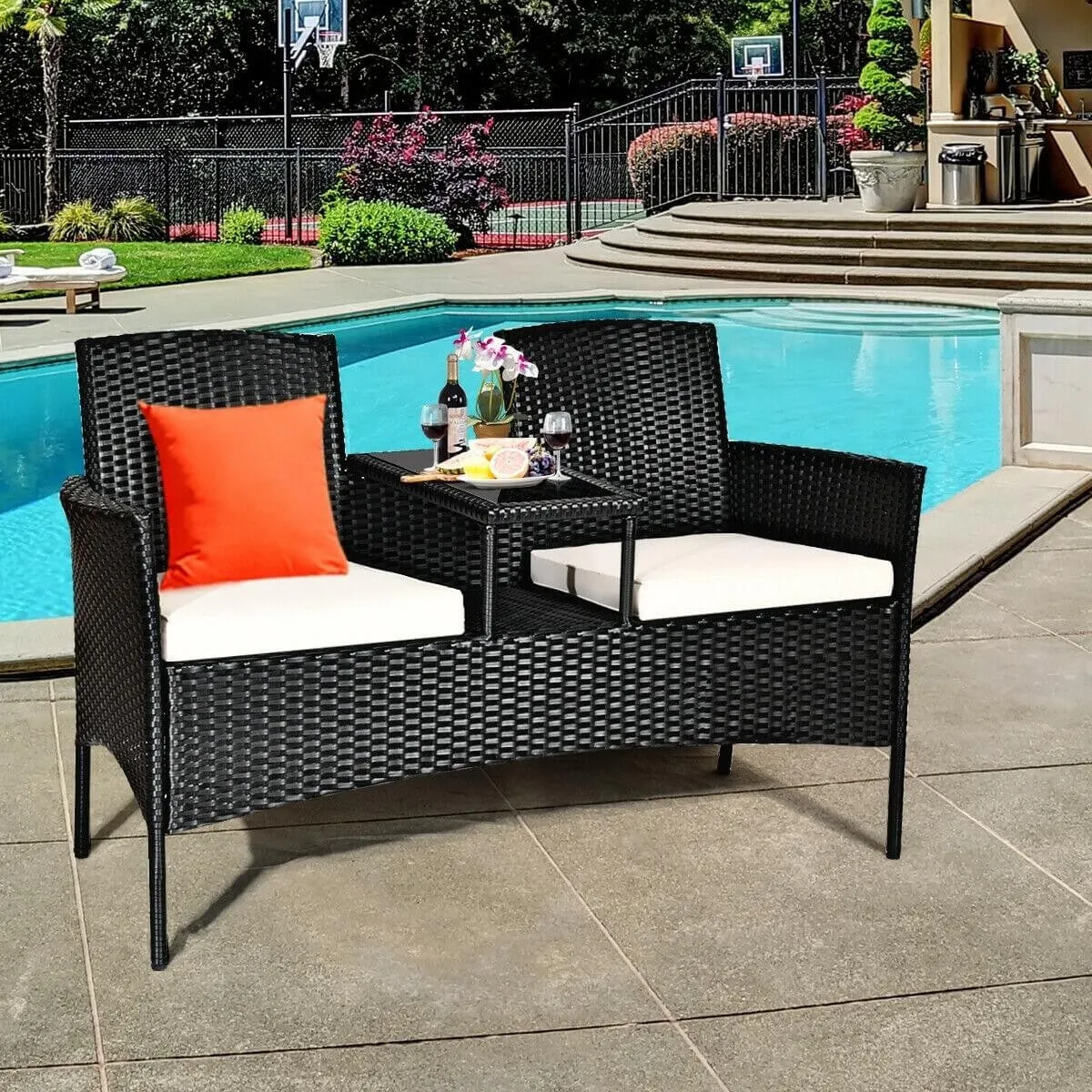 2-Person Wicker Rattan Patio Conversation Furniture Set - White