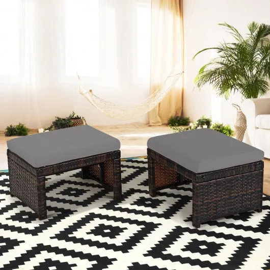 2 Pieces Cushioned Patio Rattan Ottoman Foot Rest-Gray