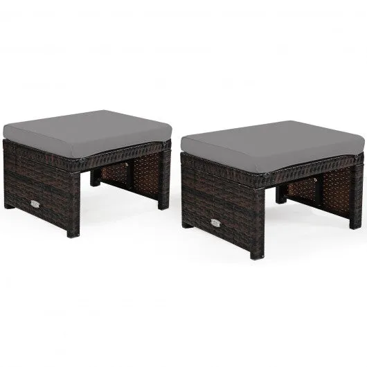 2 Pieces Cushioned Patio Rattan Ottoman Foot Rest-Gray