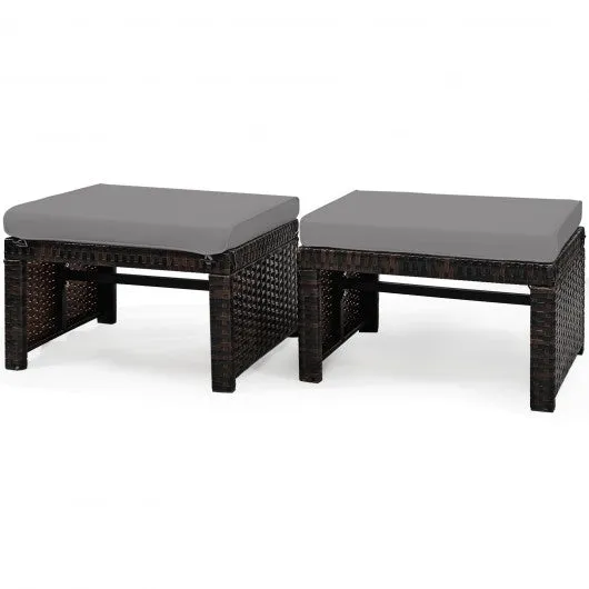 2 Pieces Cushioned Patio Rattan Ottoman Foot Rest-Gray