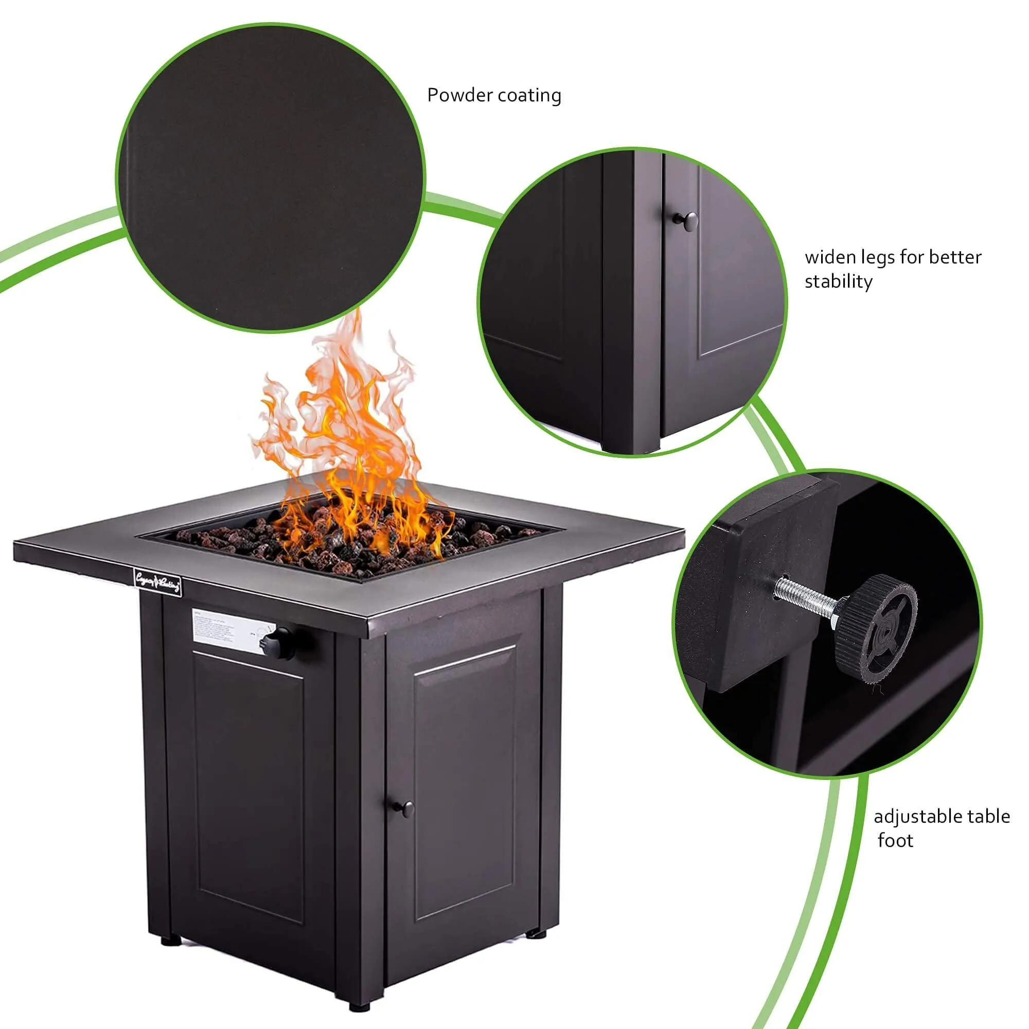 28" Propane Fire Pit Table, 50,000 BTU Gas Square Outdoor Fireplace with Lid & Lava Stone.