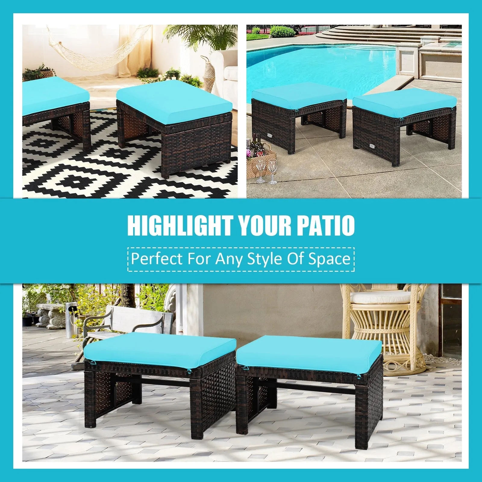 2pc Rattan Patio Ottoman Set - Turquoise