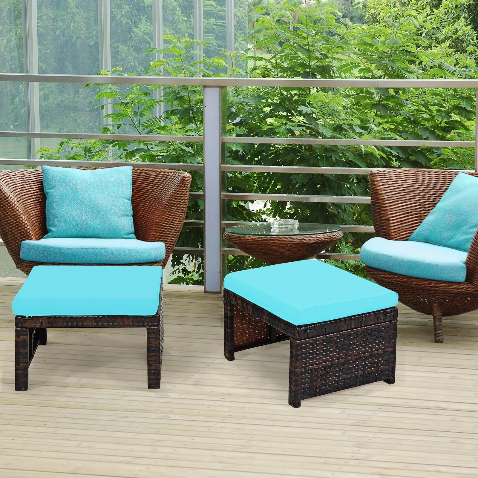 2pc Rattan Patio Ottoman Set - Turquoise