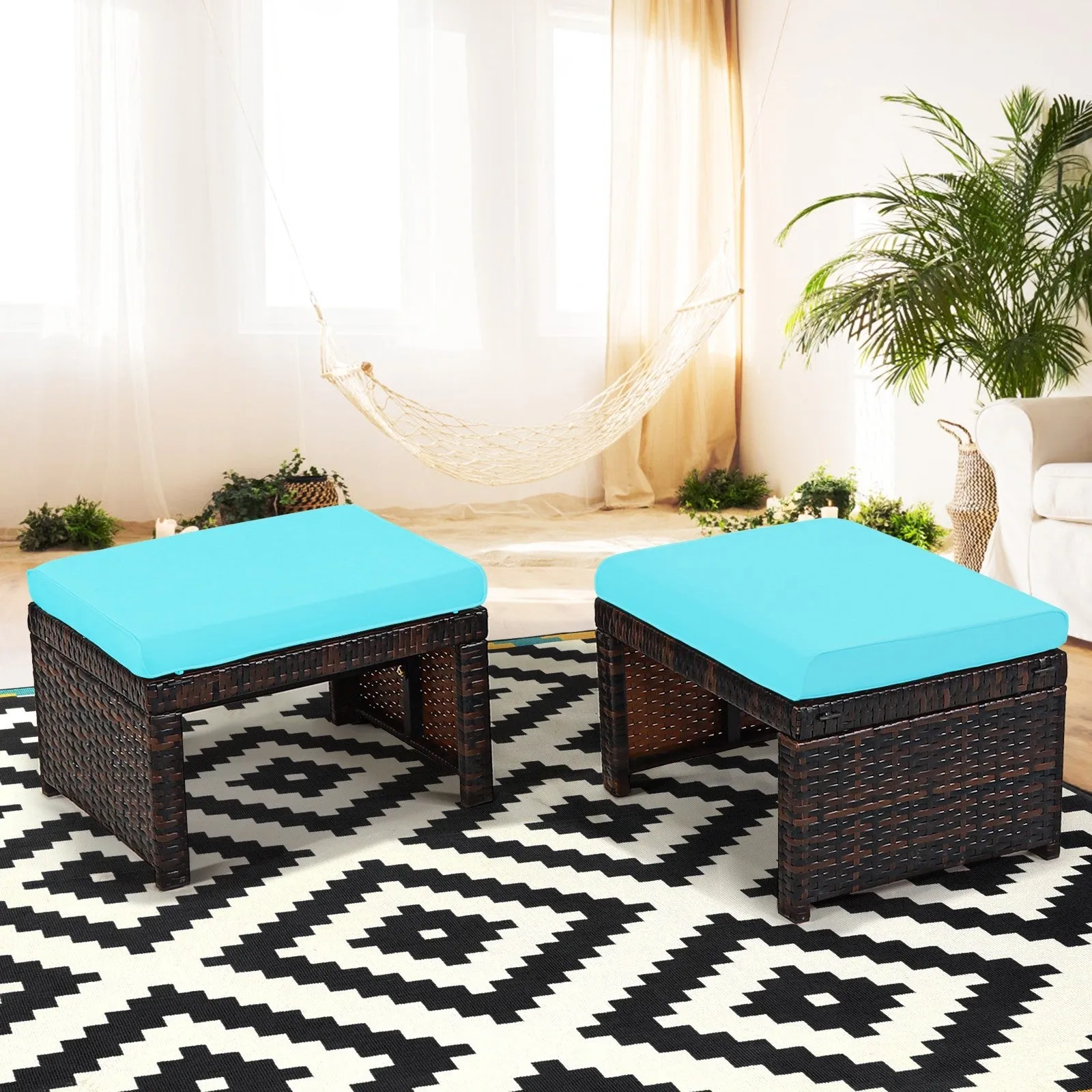 2pc Rattan Patio Ottoman Set - Turquoise