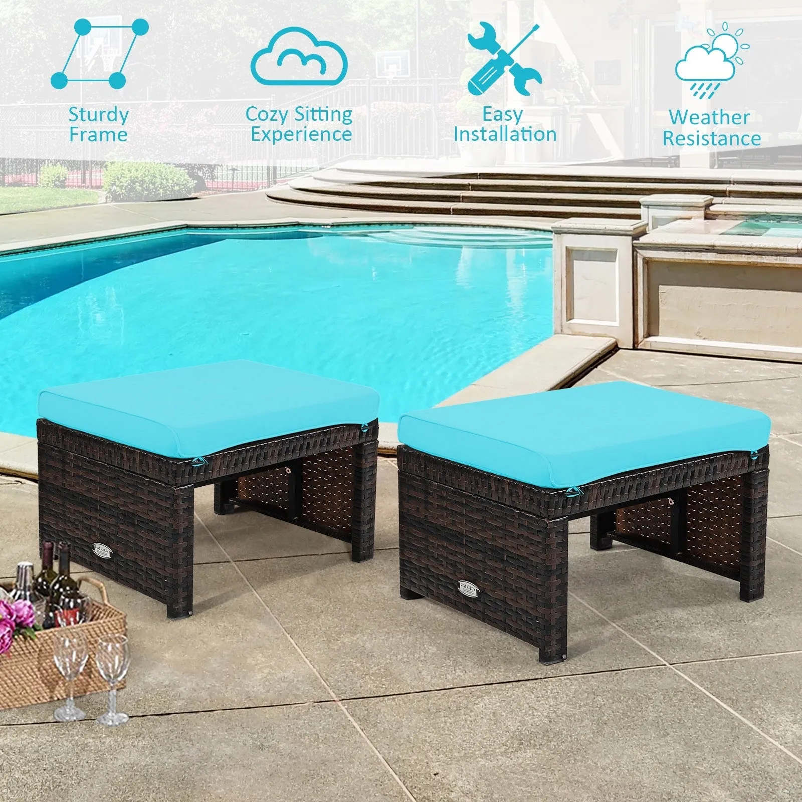 2pc Rattan Patio Ottoman Set - Turquoise