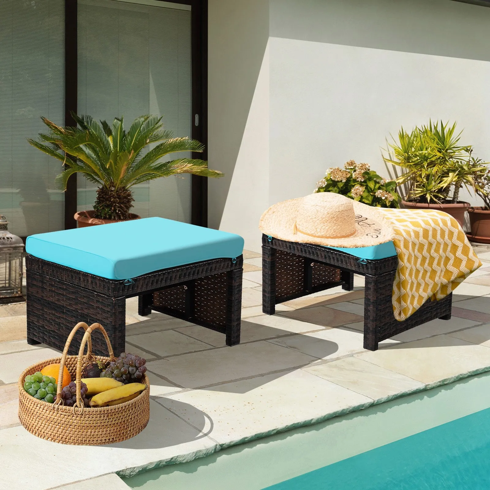 2pc Rattan Patio Ottoman Set - Turquoise