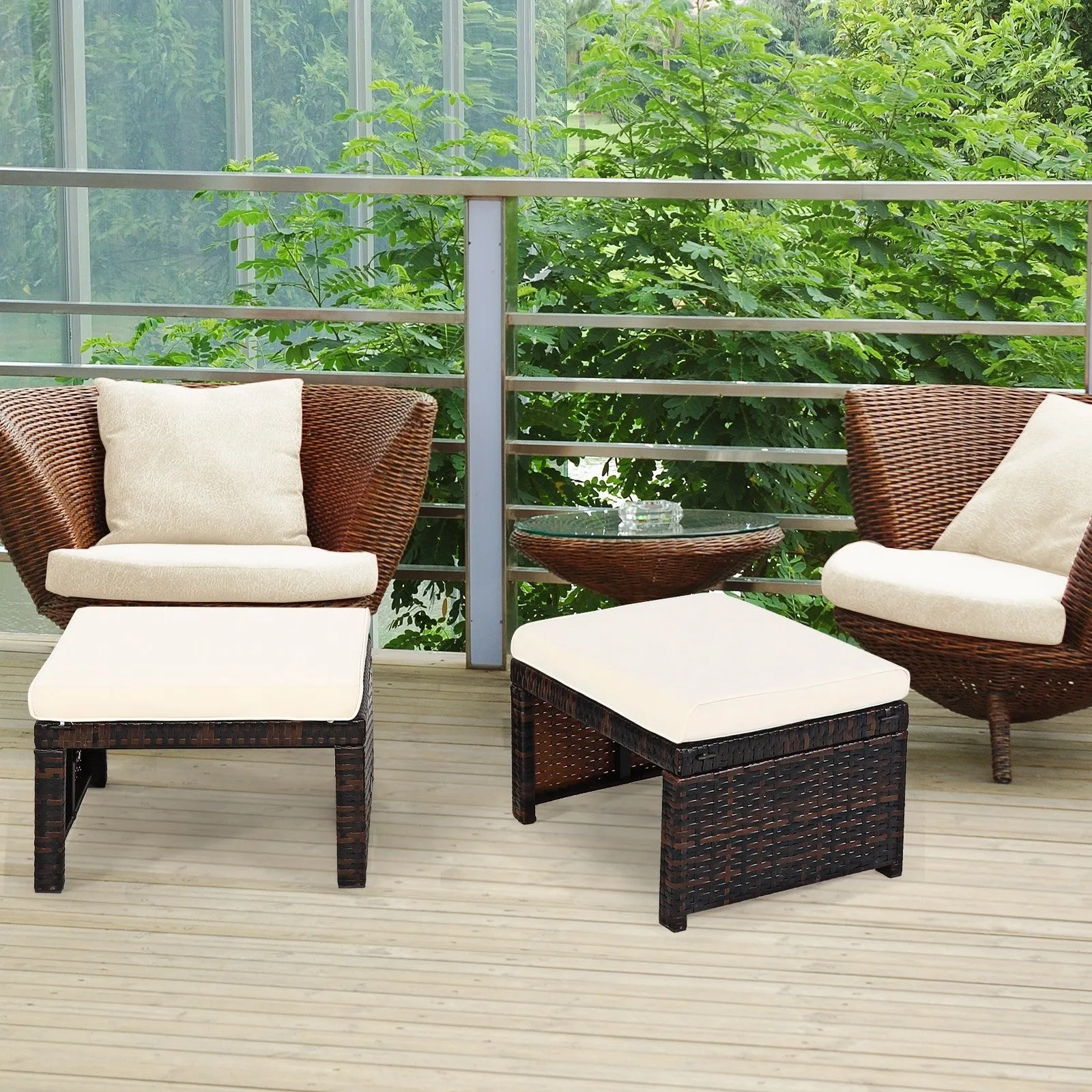 2pc Rattan Patio Ottoman Set - White