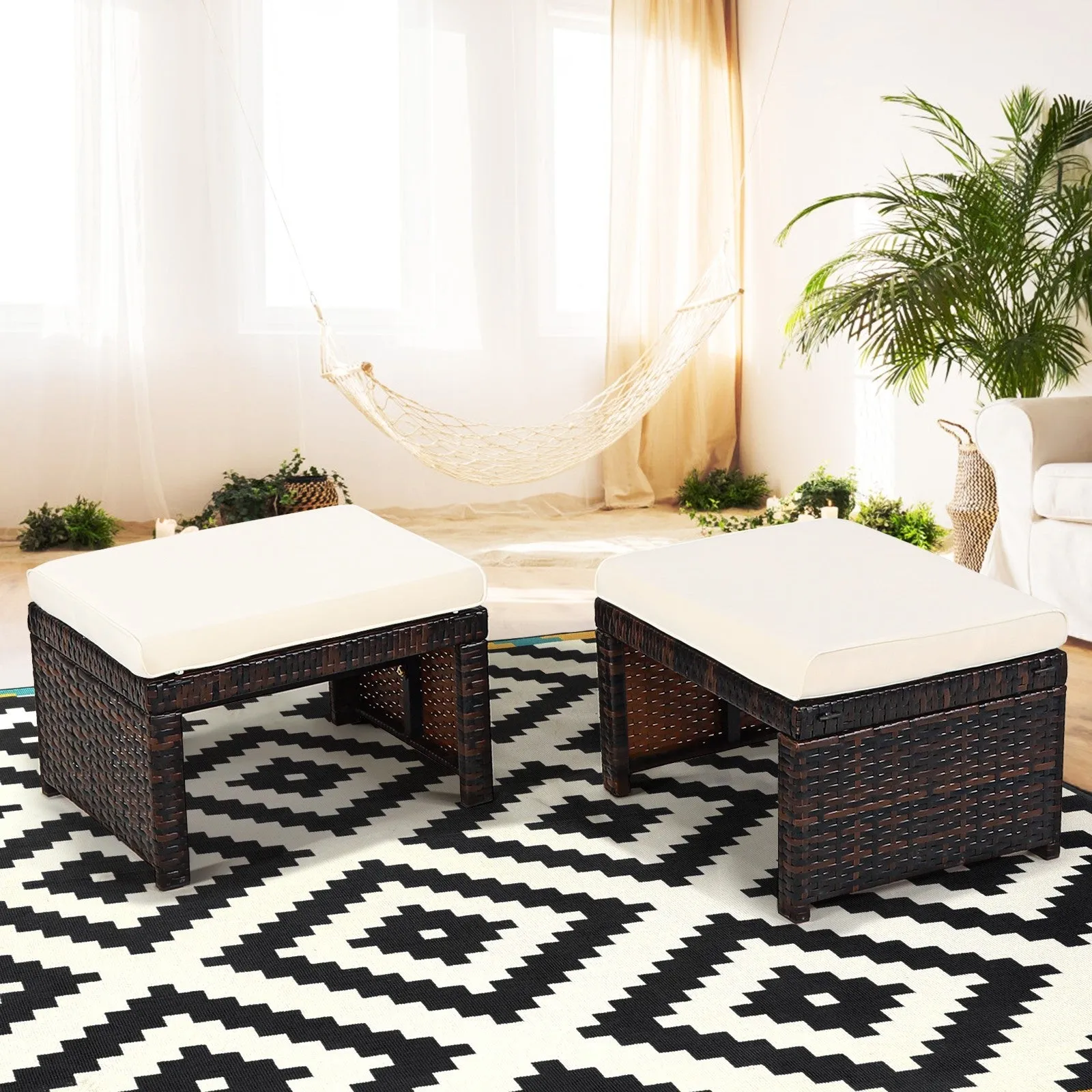 2pc Rattan Patio Ottoman Set - White