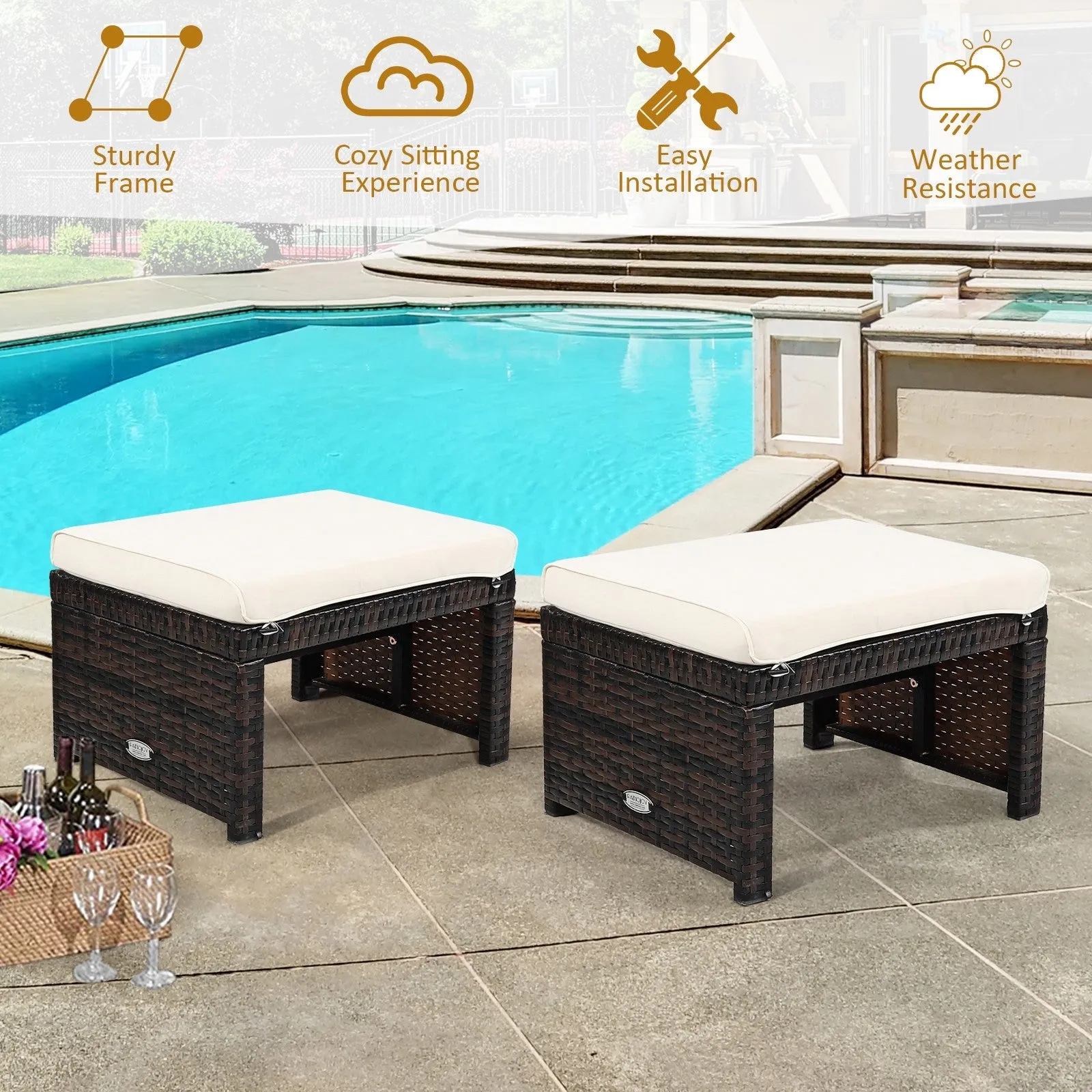 2pc Rattan Patio Ottoman Set - White