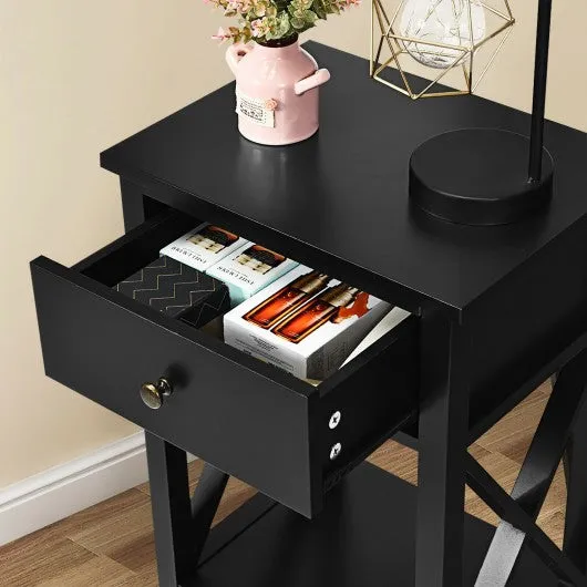 2pcs Bedroom Side End Nightstand with Drawer-Black