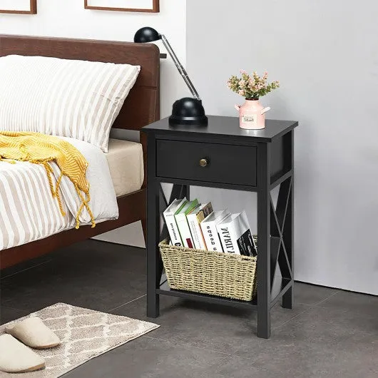 2pcs Bedroom Side End Nightstand with Drawer-Black