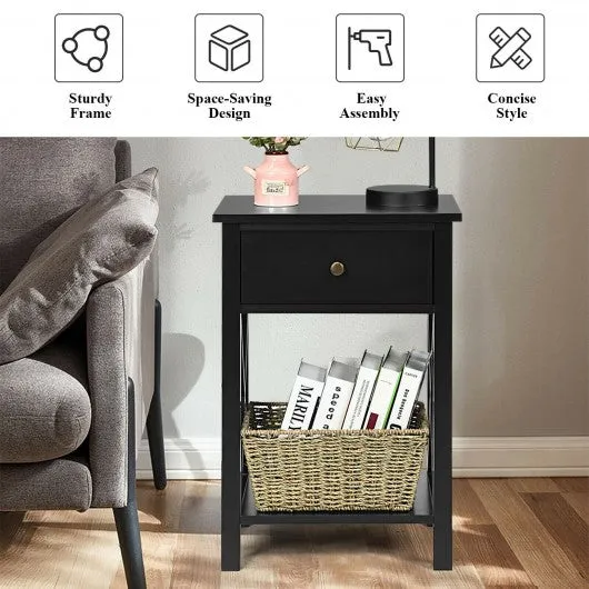 2pcs Bedroom Side End Nightstand with Drawer-Black