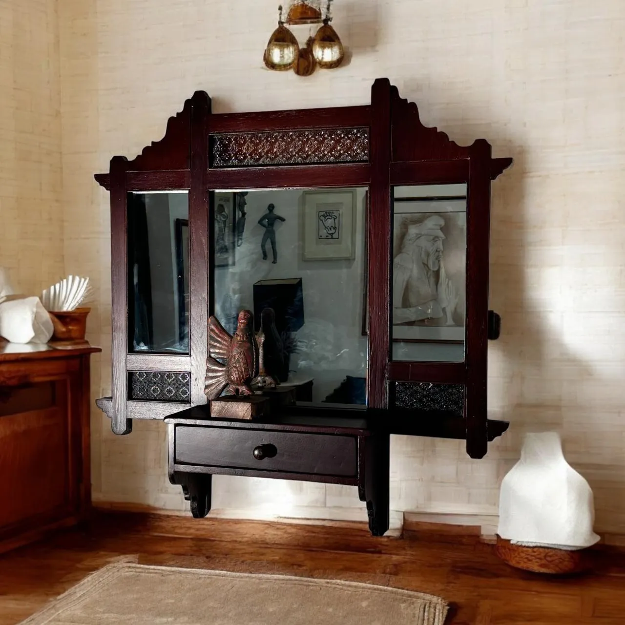 3 panelled Antique Wooden mirror with drawer : Aaina 3