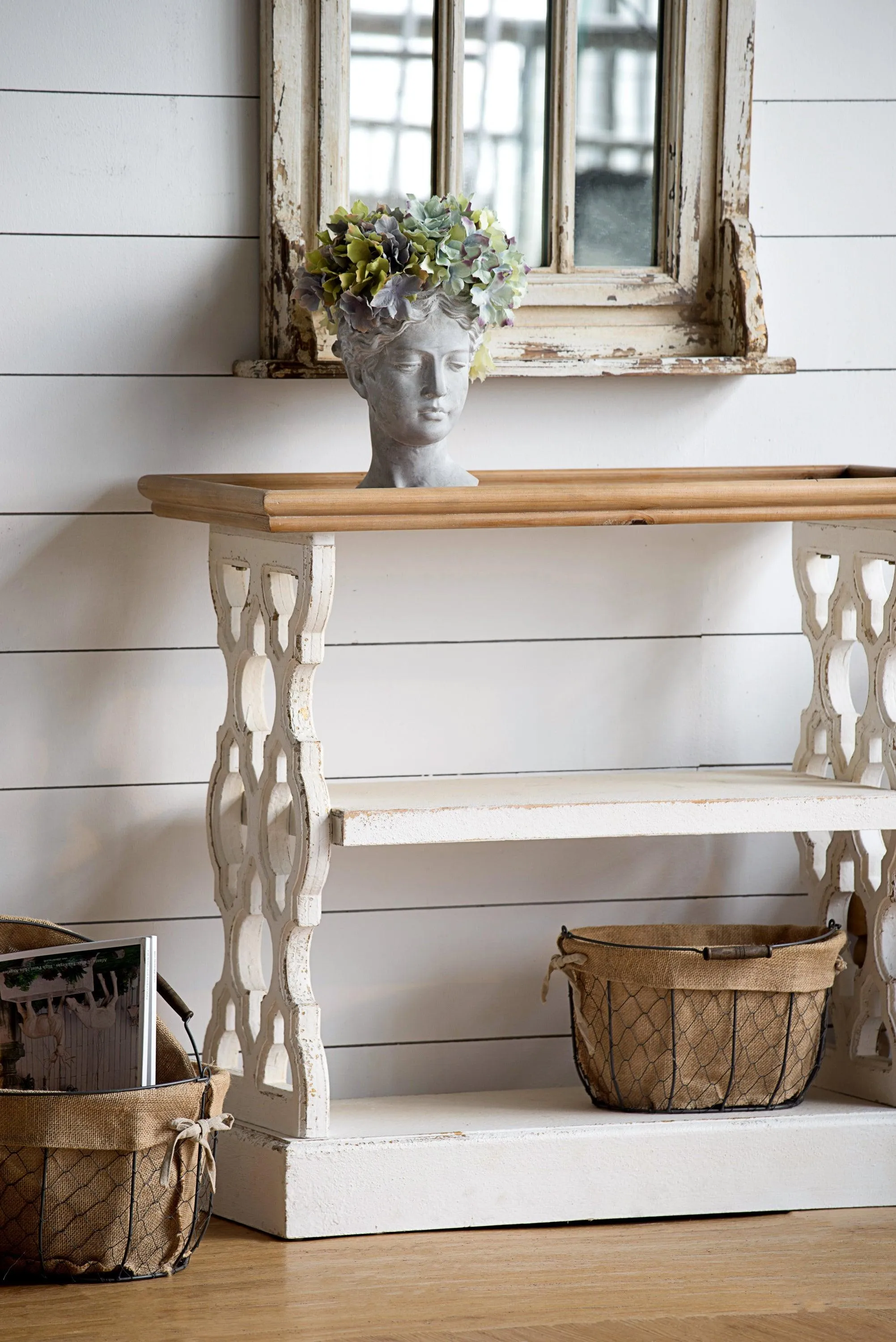 35.5" x 14" x 32" Distressed White and Natural Wood French Country Console Table