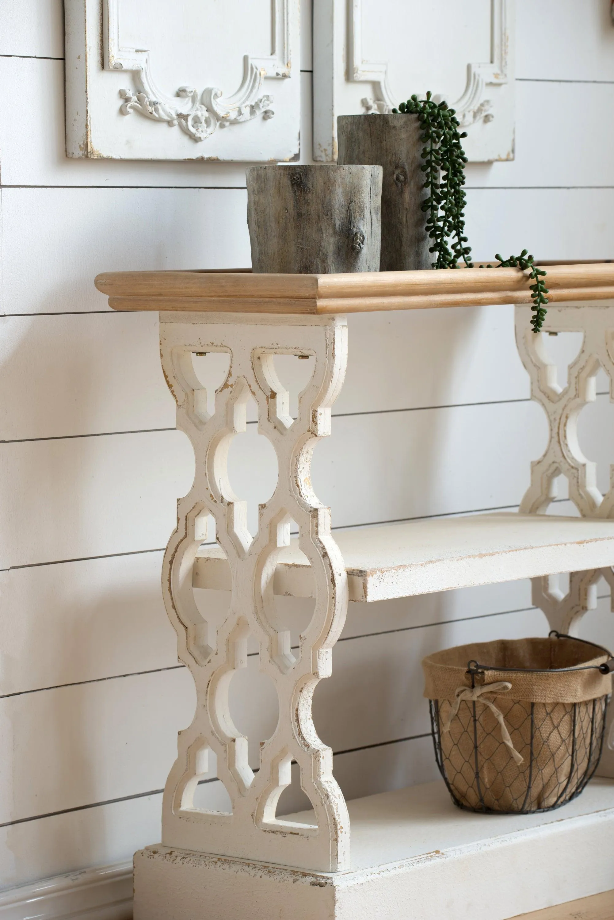 35.5" x 14" x 32" Distressed White and Natural Wood French Country Console Table