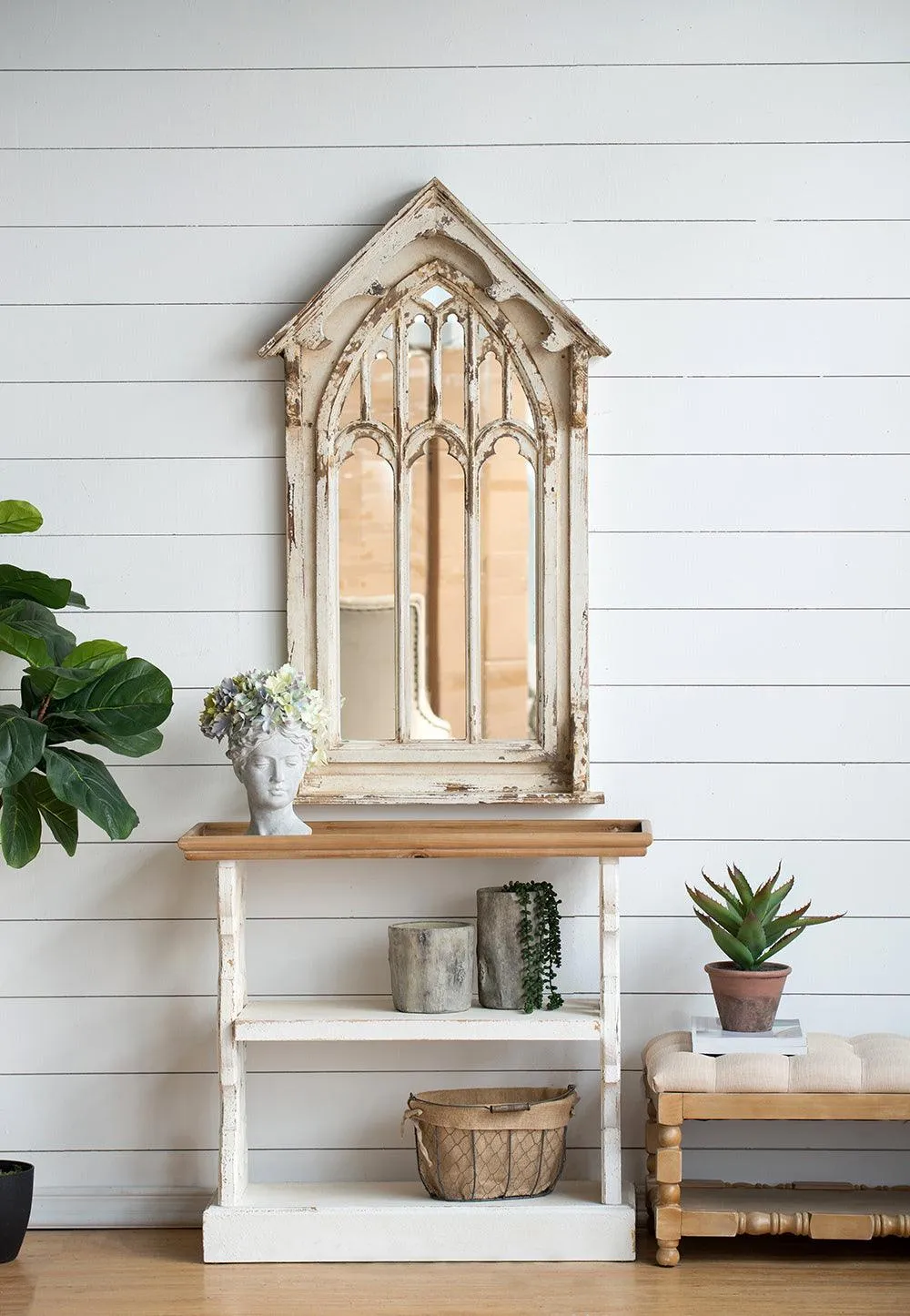 35.5" x 14" x 32" Distressed White and Natural Wood French Country Console Table