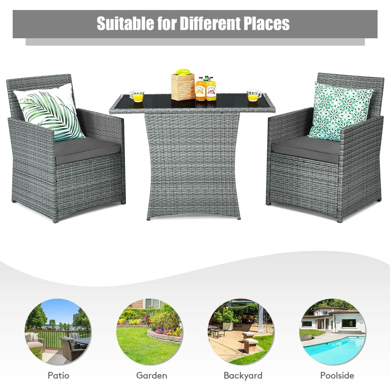 3pc Cushioned Patio Rattan Furniture Set - Gray