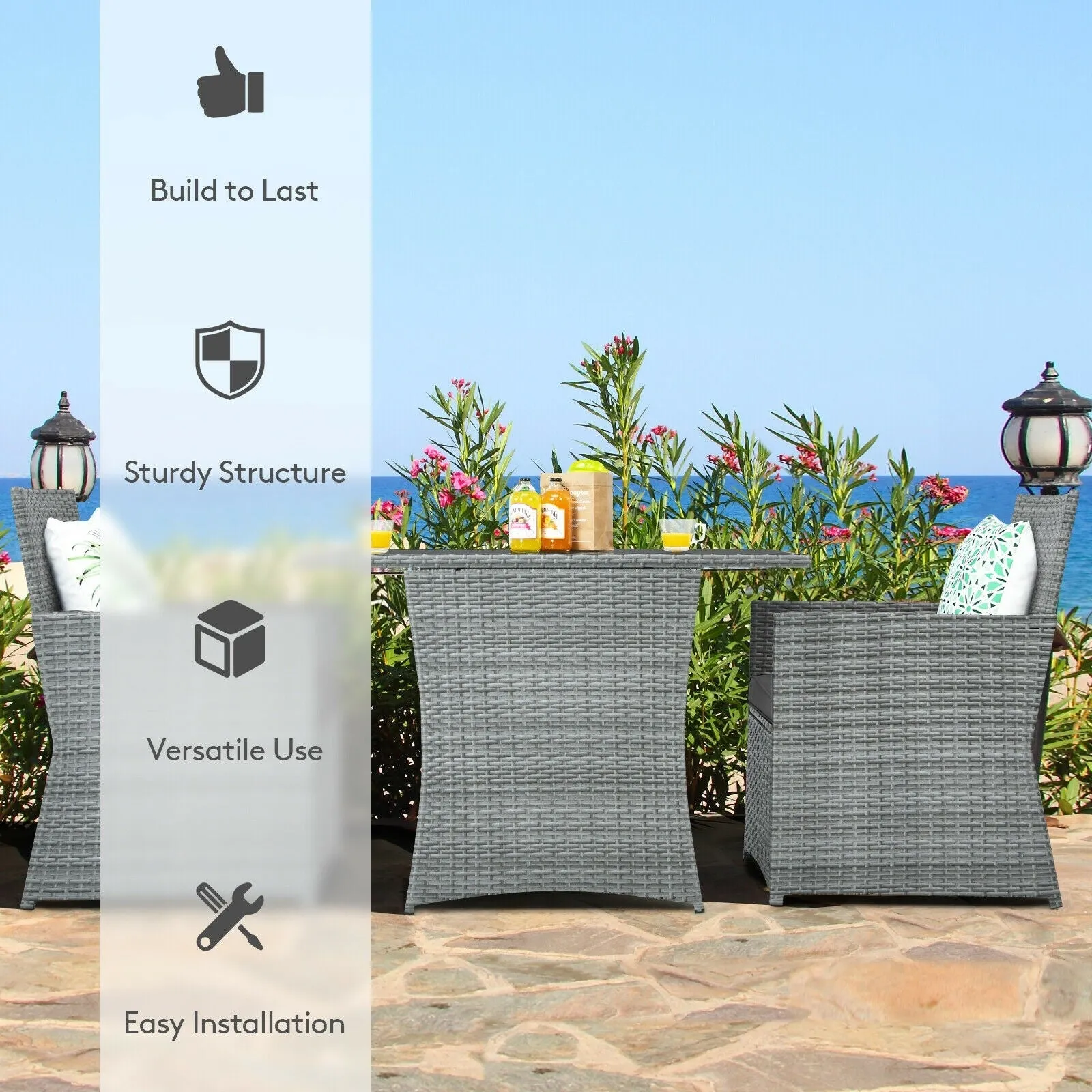 3pc Cushioned Patio Rattan Furniture Set - Gray