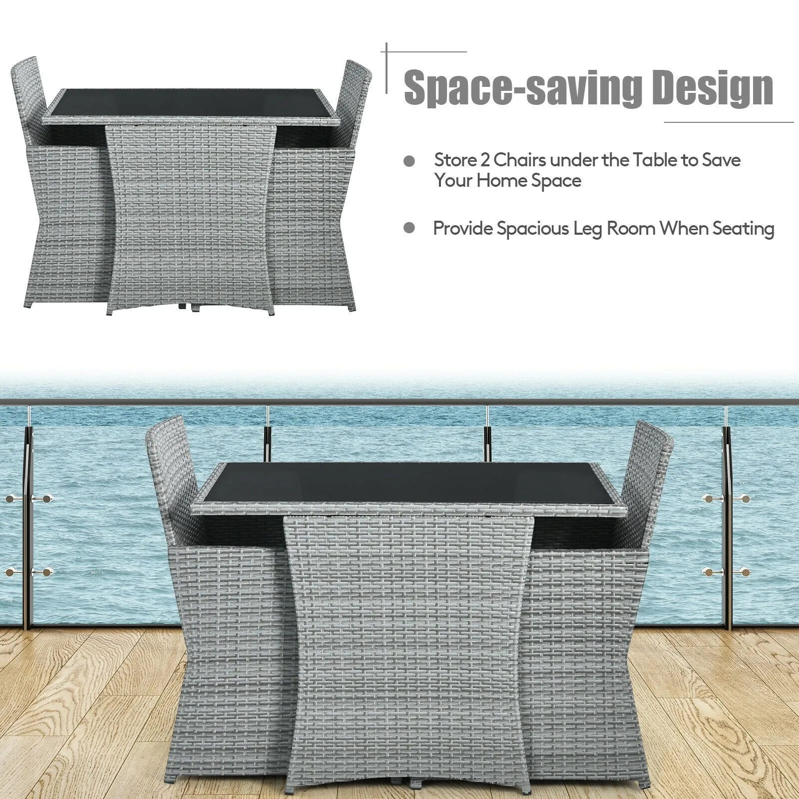 3pc Cushioned Patio Rattan Furniture Set - Gray