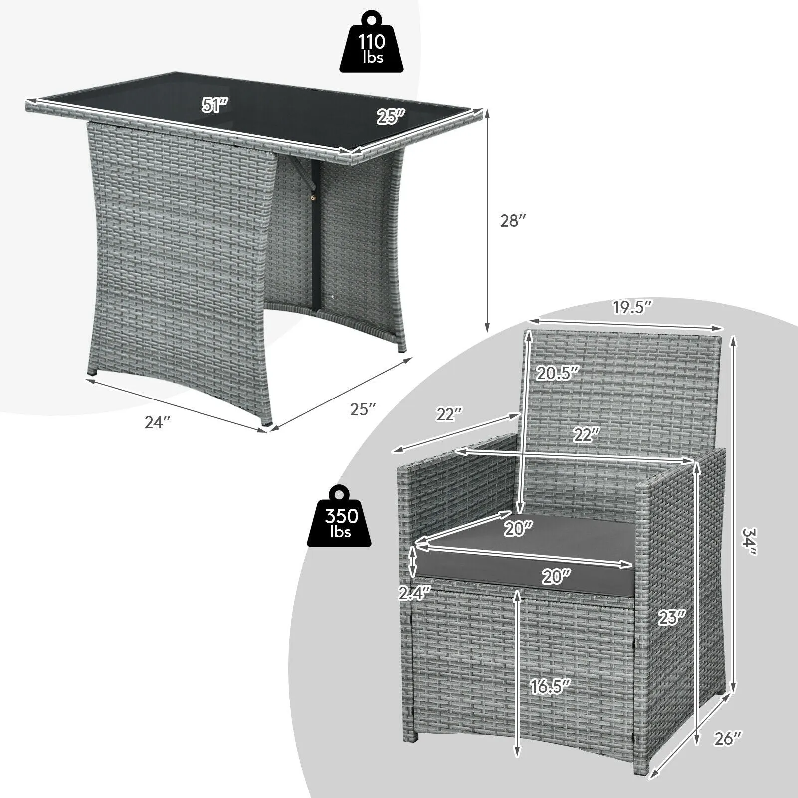 3pc Cushioned Patio Rattan Furniture Set - Gray