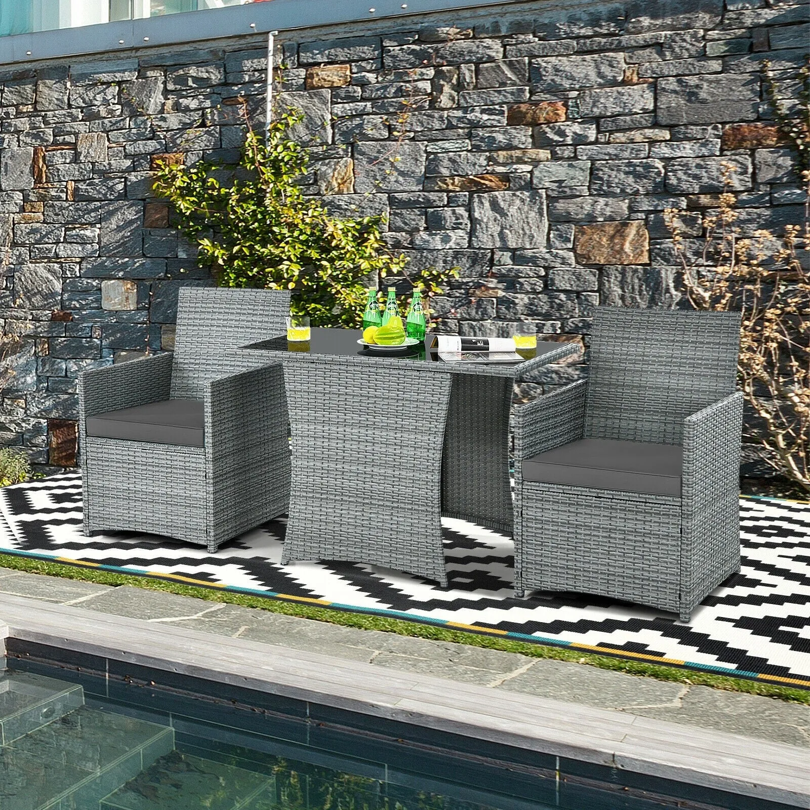 3pc Cushioned Patio Rattan Furniture Set - Gray