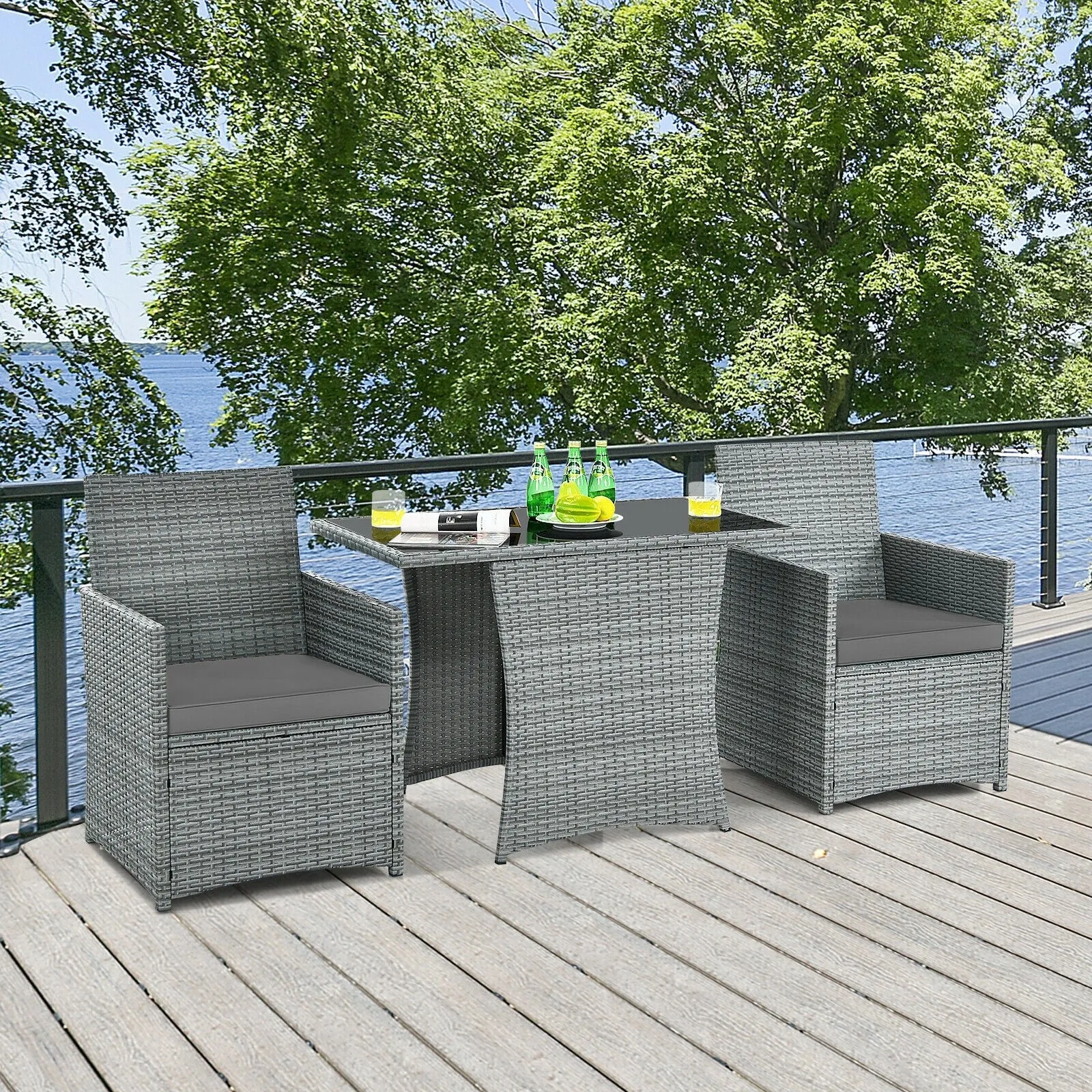 3pc Cushioned Patio Rattan Furniture Set - Gray