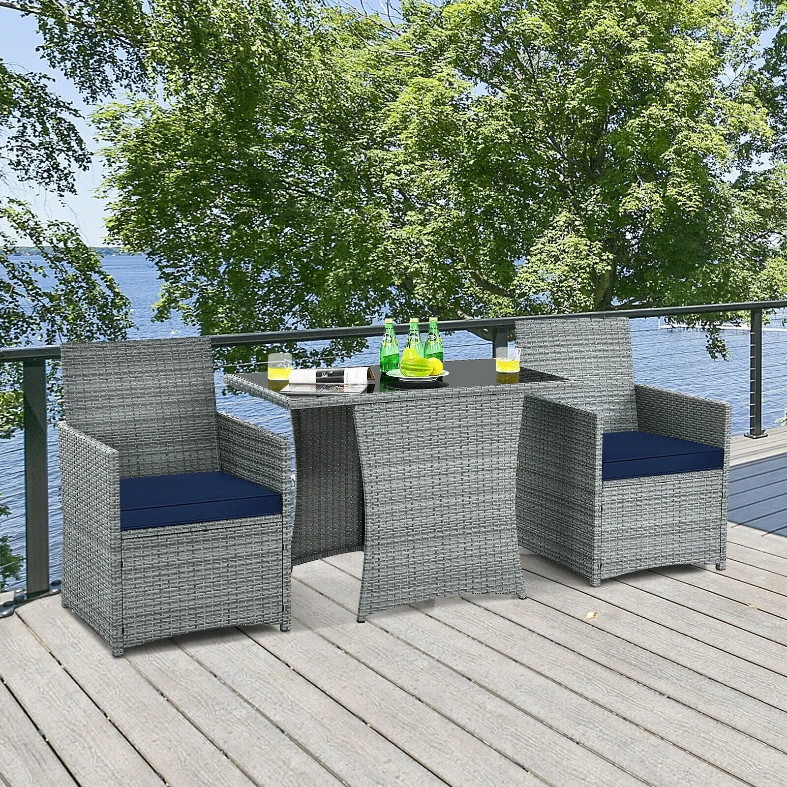 3pc Cushioned Patio Rattan Furniture Set - Navy