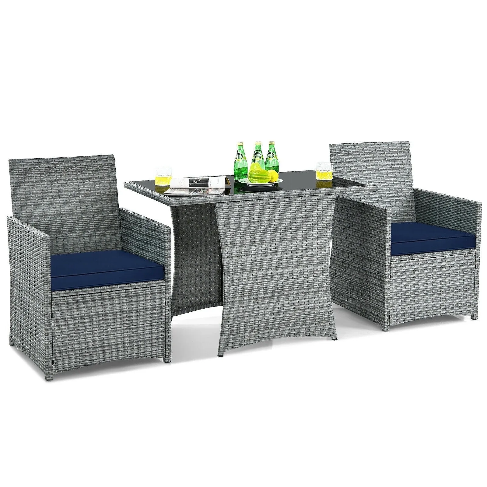 3pc Cushioned Patio Rattan Furniture Set - Navy