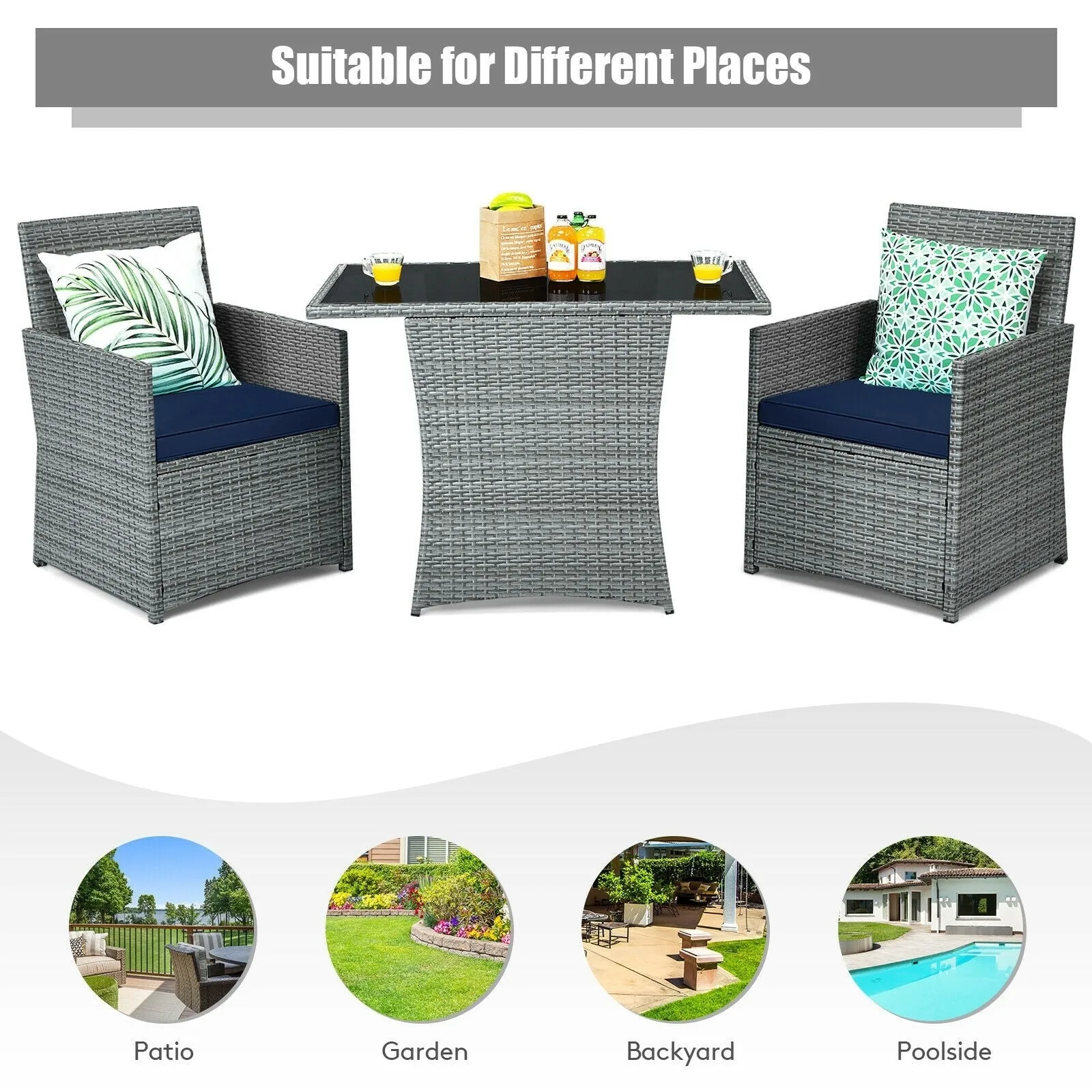 3pc Cushioned Patio Rattan Furniture Set - Navy