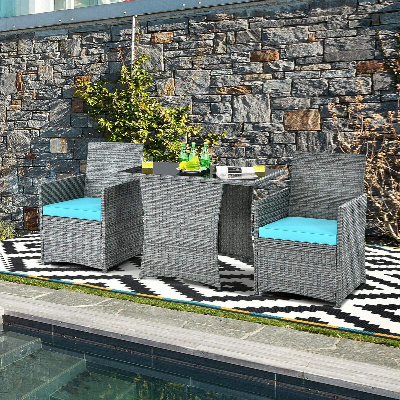 3pc Cushioned Patio Rattan Furniture Set - Turquoise