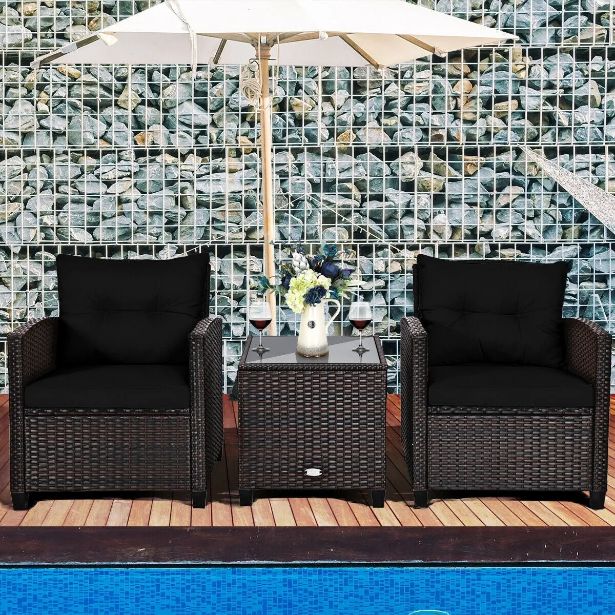 3pc Outdoor Patio Rattan Furniture Set - Black