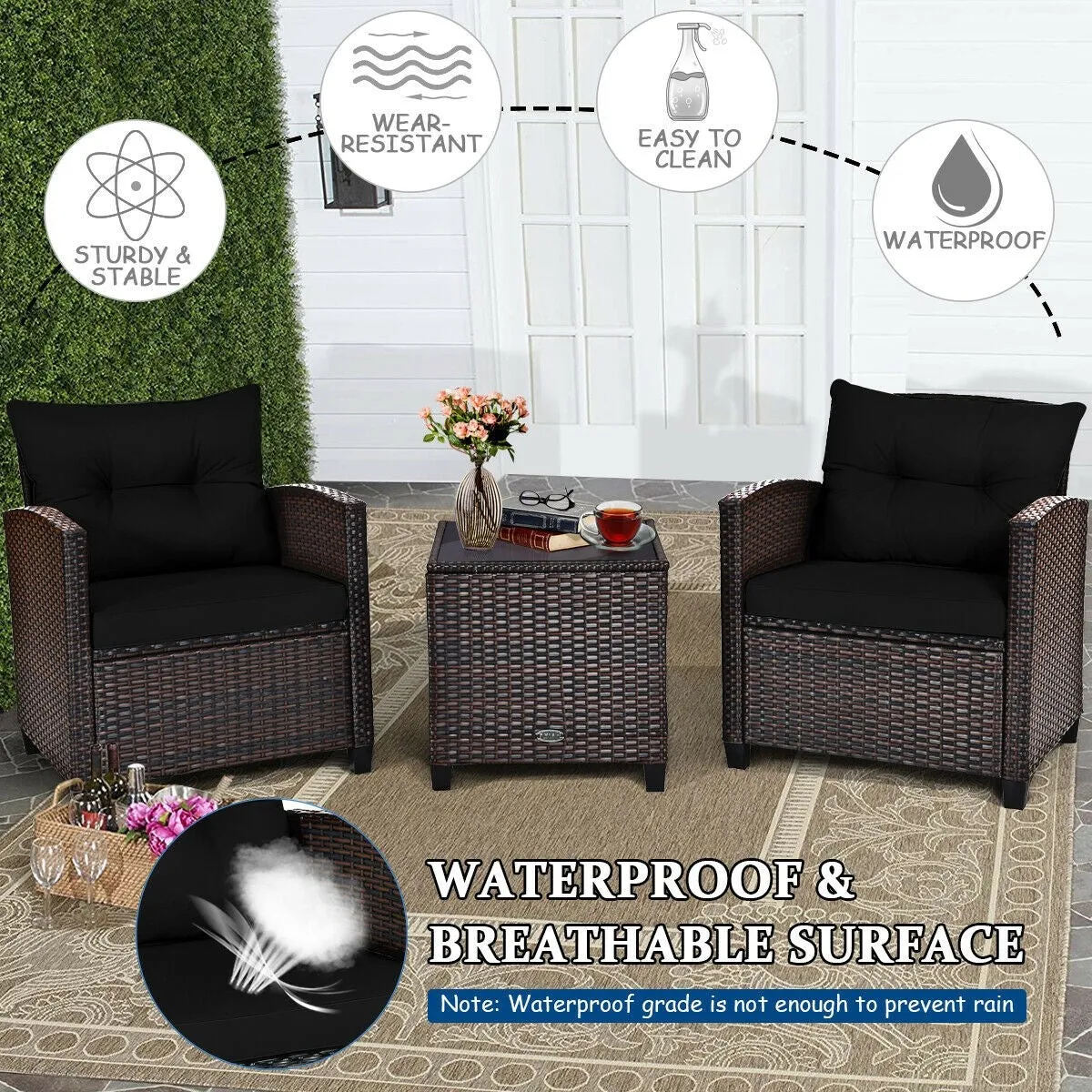 3pc Outdoor Patio Rattan Furniture Set - Black