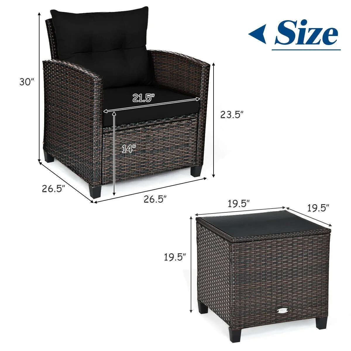 3pc Outdoor Patio Rattan Furniture Set - Black