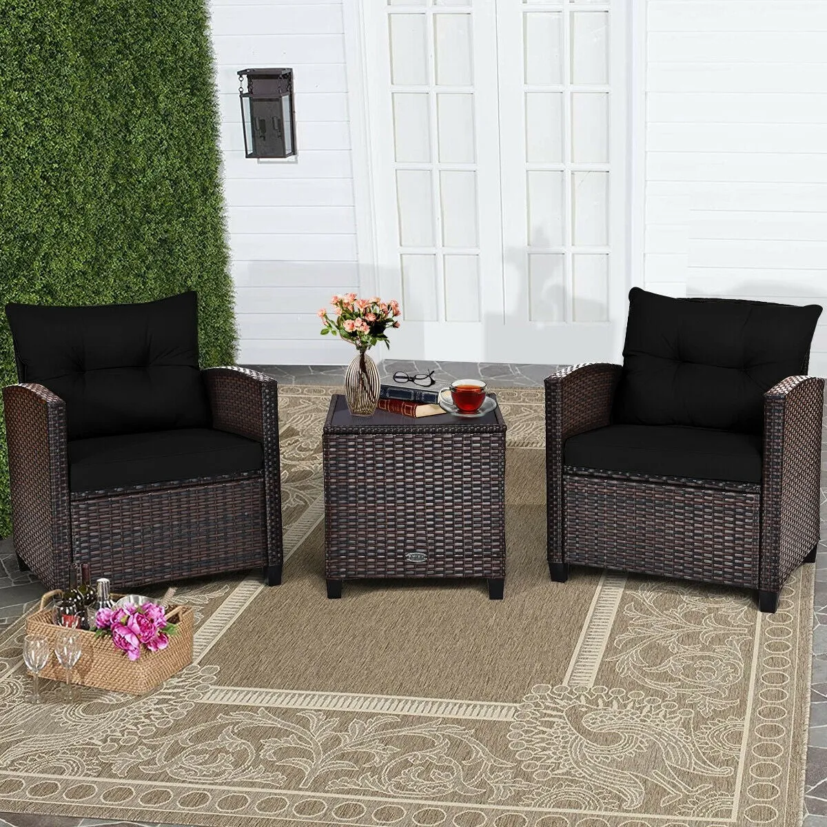 3pc Outdoor Patio Rattan Furniture Set - Black