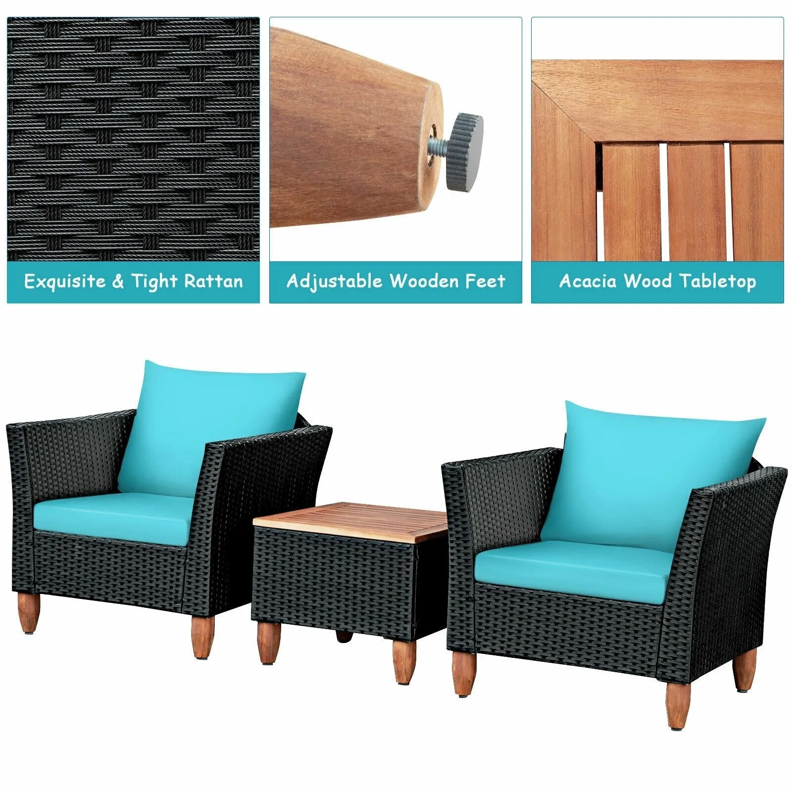 3pc Outdoor Patio Rattan Furniture Set - Turquoise