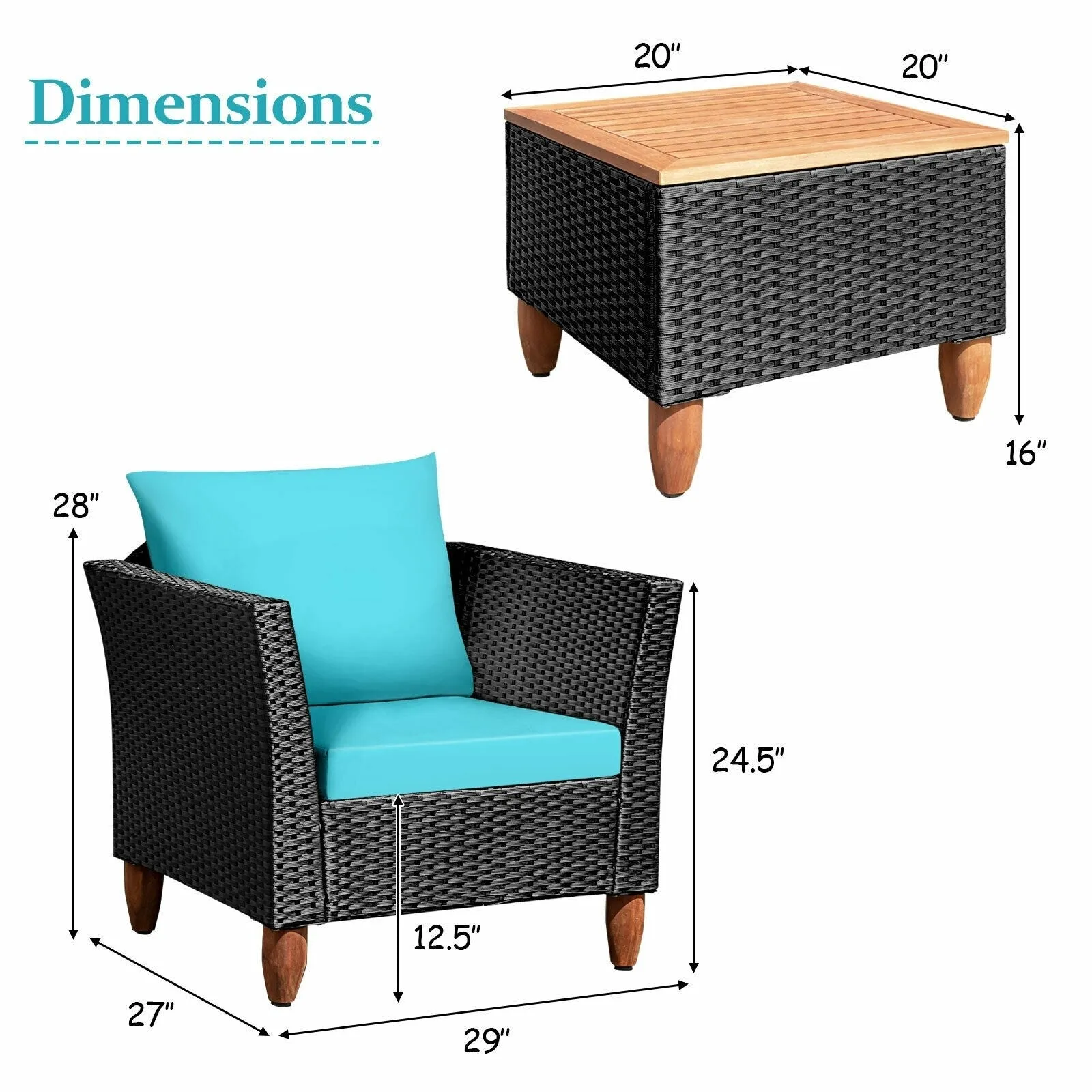 3pc Outdoor Patio Rattan Furniture Set - Turquoise