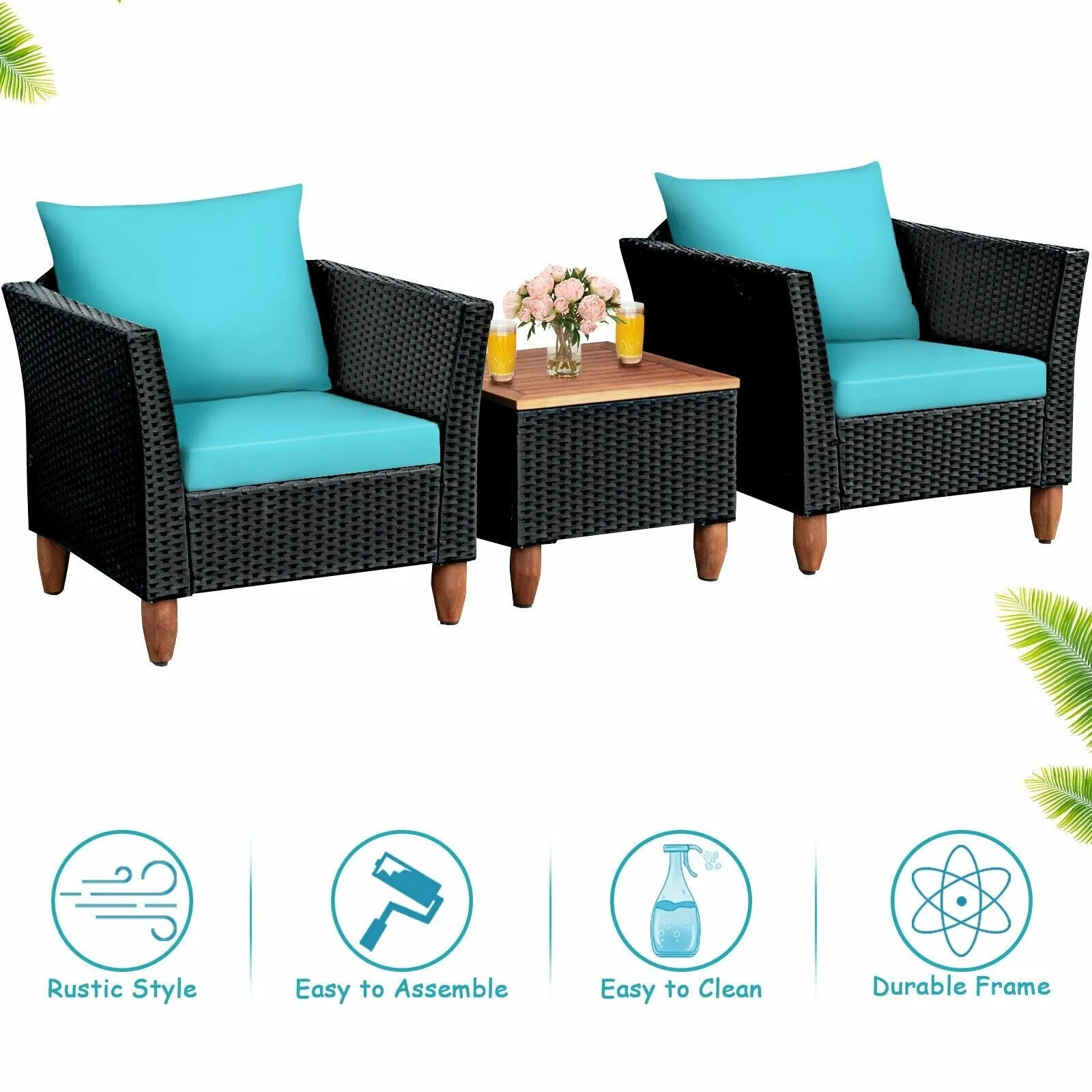 3pc Outdoor Patio Rattan Furniture Set - Turquoise